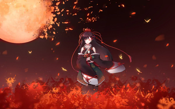 Higanbana (Onmyoji) anime character amid red spider lilies under a blood-orange moon, petals and butterflies swirling — HD PC desktop wallpaper/background art from Onmyoji.