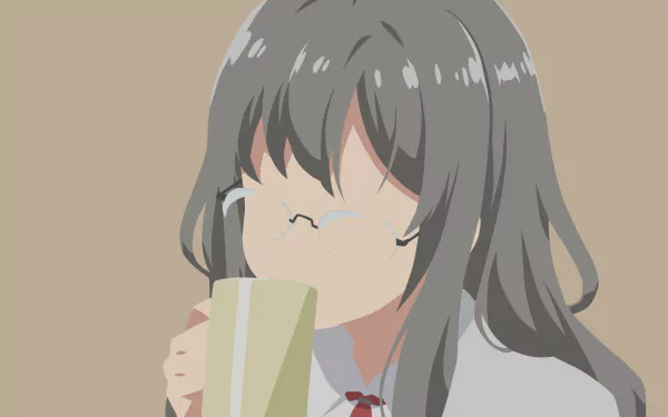 Anime-style 4K Ultra HD wallpaper featuring Rio Futaba with grey hair and glasses from Rascal Does Not Dream of Bunny Girl Senpai, holding a cup against a beige background.