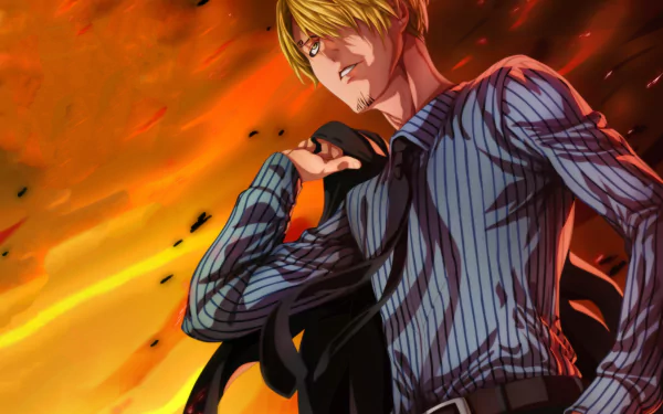HD desktop wallpaper featuring the anime character Sanji from One Piece, confidently standing with a fiery background.
