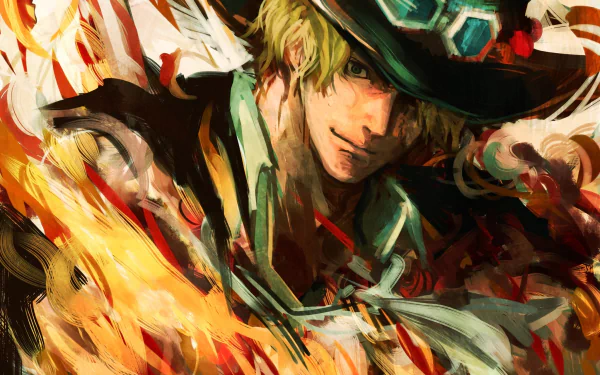HD PC desktop wallpaper featuring Sabo from the anime One Piece in a dynamic, fiery art style.