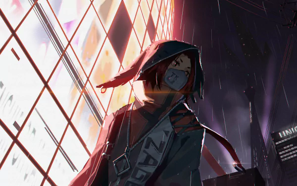 Anime character wearing a mask stands in a rain-soaked city at night, illuminated by bright city lights. 4K Ultra HD anime cityscape wallpaper.