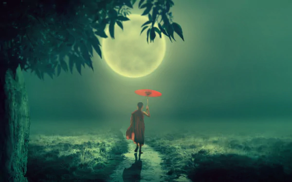  Child with Umbrella toward Full Moon