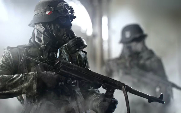 HD desktop wallpaper featuring a detailed scene from the video game Battlefield V, showing a soldier in combat gear and a gas mask, holding a rifle, with another soldier in the background amidst the smoke.