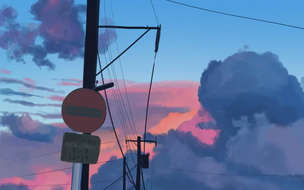 Anime-style 2K Quad HD PC desktop wallpaper: telephone poles and wires silhouetted against a vivid sunset sky with pink, purple and blue clouds.