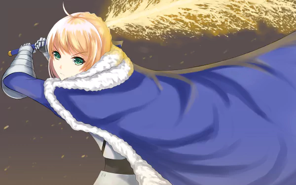 4K Ultra HD anime wallpaper featuring Artoria Pendragon, also known as Saber from Fate/Grand Order, wielding her sword with a flowing blue cloak.