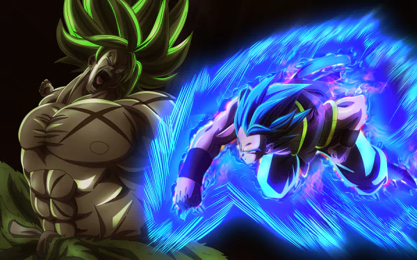 4K Ultra HD PC wallpaper of Super Saiyan Green Broly roaring beside Super Saiyan Blue Gogeta charging through a blue energy trail, Dragon Ball Super: Broly anime art.