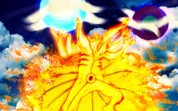 4K Ultra HD anime wallpaper featuring Naruto Uzumaki in Kurama mode, engulfed in fiery chakra, preparing a powerful energy attack against a vibrant sky backdrop.
