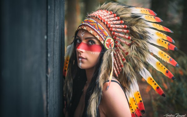 Women Native American Headdress Feather Brown Eyes Model Face HD Wallpaper | Background Image