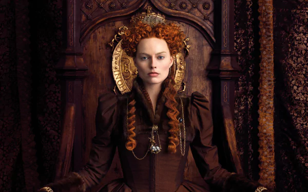 Margot Robbie as Mary Queen of Scots in a detailed costume, showcased in a 4K Ultra HD movie wallpaper with a regal, historic throne room background.