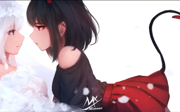 HD anime wallpaper featuring a tender moment between an angel and a demon girl, depicted as a couple against a white background.