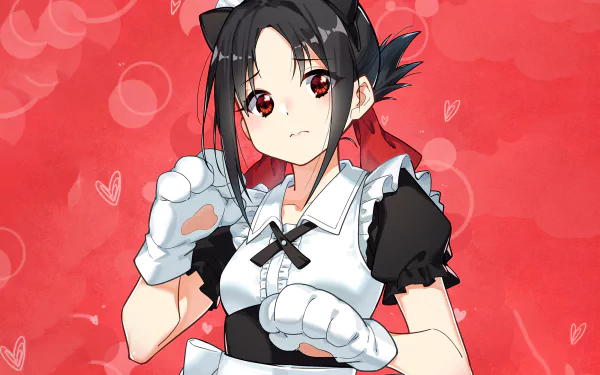 HD wallpaper of Kaguya Shinomiya from the anime Kaguya-sama: Love is War, dressed in a maid outfit with a cat-ear headband against a pink background with heart motifs.