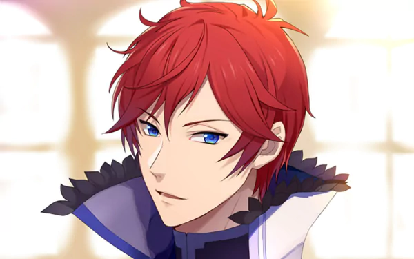 HD PC desktop wallpaper/background of Reinhard van Astrea from the Re:Zero anime — close-up portrait: red hair, blue eyes, white-blue collar, soft glowing window backdrop.