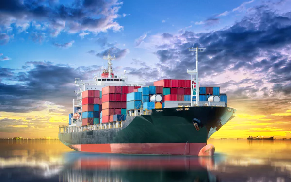A container ship loaded with colorful containers reflects on calm water under a dramatic sunset sky in this 4K Ultra HD desktop wallpaper.