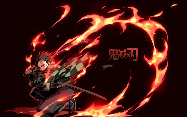 HD desktop wallpaper featuring Tanjiro Kamado from Demon Slayer: Kimetsu no Yaiba, wielding a katana with fiery Hinokami Kagura technique, red eyes focused in a dynamic pose.