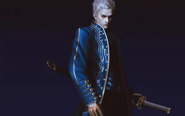 HD PC desktop wallpaper featuring Vergil from Devil May Cry 3: Dante's Awakening, showcasing the iconic video game character in a dark, detailed design.