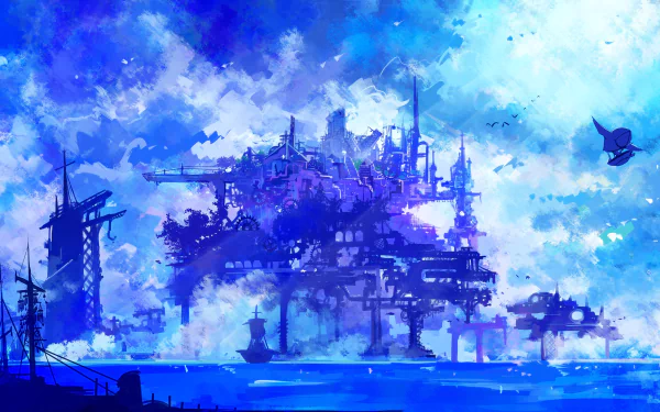 HD anime wallpaper featuring an original detailed scene with boats on the sea, under a dramatic sky filled with clouds.