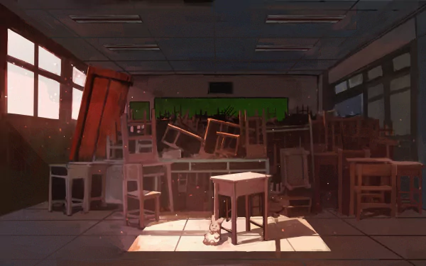 A dimly lit anime-style room filled with stacked furniture, illuminated by soft sunlight through large windows, rendered in 4K Ultra HD for a PC desktop wallpaper.
