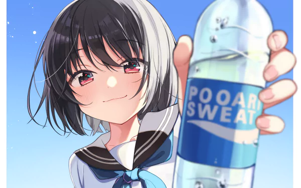 HD anime PC wallpaper featuring a smiling anime girl with short dark hair holding a water bottle labeled Pooar Sweat against a bright blue sky background.