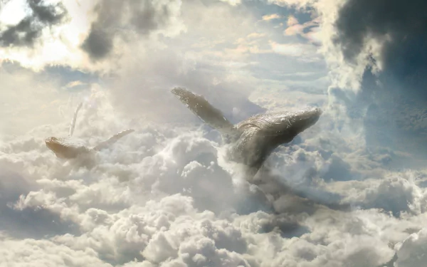 A fantasy HD desktop wallpaper depicting a whale gracefully swimming through a cloudy sky, blending the realms of sky and sea.