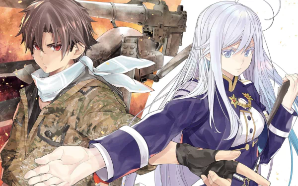 HD anime wallpaper featuring Shinei Nouzen and Vladilena Milizé from Eighty Six in dynamic poses with military and futuristic elements.