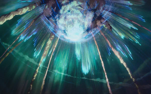 Stunning 8K Ultra HD anime wallpaper from *Your Name.*, depicting a vibrant, glowing celestial event with dynamic light trails against a dark sky.