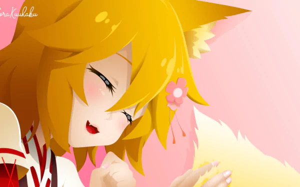HD wallpaper featuring Senko-san from The Helpful Fox Senko-san anime, showing a blushing character with blonde hair and animal ears on a pink background.