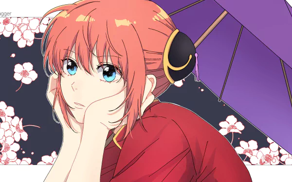 Kagura (Gintama) anime 2K Quad HD PC desktop wallpaper: close-up of Kagura in a red kimono with blue eyes, holding a purple umbrella against a cherry blossom background.