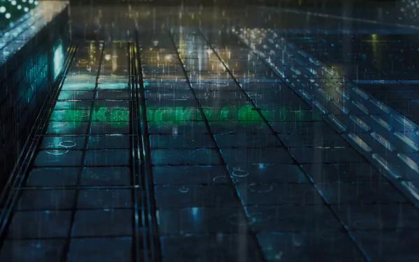 HD wallpaper from the anime The Garden of Words, featuring a rain-soaked urban scene with illuminated pathways.
