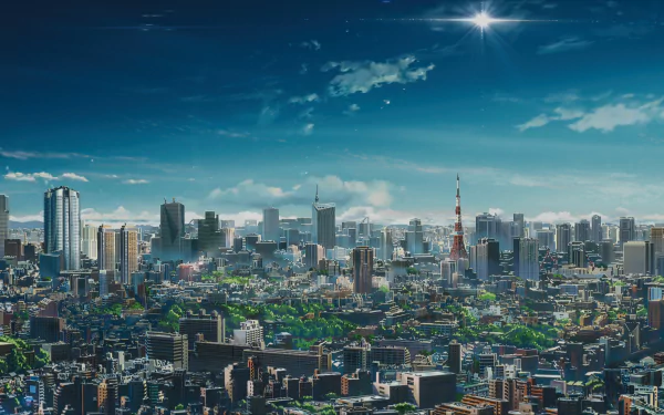 HD wallpaper featuring a detailed cityscape from the anime Your Name. The skyline is bathed in sunlight under a clear blue sky with a prominent star.
