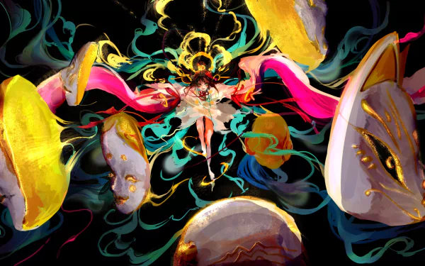 HD anime wallpaper featuring Menreiki from Onmyouji, showcasing dynamic colors and mystical mask elements in a vivid Onmyoji-themed design.