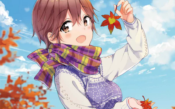 Tae Futaba (Masamune-kun's Revenge) anime portrait: smiling in a patterned sweater and plaid scarf, holding autumn leaves against a blue sky — HD PC desktop wallpaper/background.