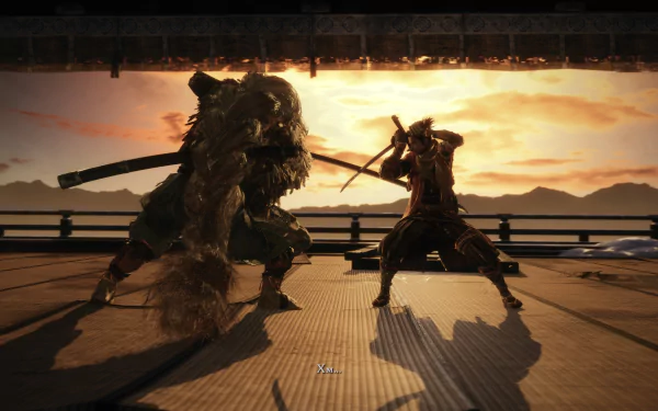 4K Ultra HD PC desktop wallpaper featuring a dynamic duel scene from the video game Sekiro: Shadows Die Twice at sunset.