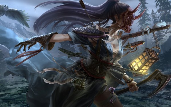Fantasy Women Warrior Woman Warrior Mask Long Hair Oriental Weapon Purple Hair HD Wallpaper | Background Image