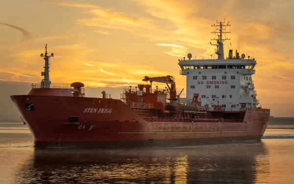 HD desktop wallpaper of a red tanker vessel named Sten Fjord on calm water during a golden sunset.