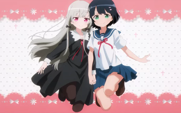 HD anime desktop wallpaper featuring Sophie Twilight and another character from Tonari no Kyuuketsuki-san, set against a pink and white patterned background.