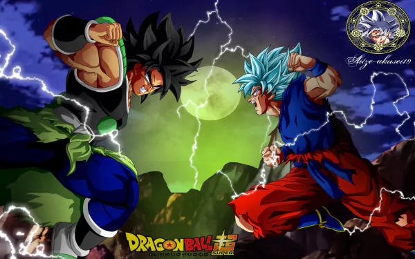 8K Ultra HD PC desktop wallpaper/background anime scene: Goku and Broly (Dragon Ball) clash amid green energy and lightning — Dragon Ball Super: Broly.