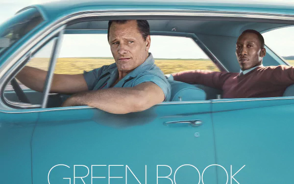 HD wallpaper of 'Green Book' featuring Viggo Mortensen and Mahershala Ali in a vintage car, perfect for desktop background.