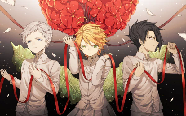 HD desktop wallpaper featuring The Promised Neverland characters Ray, Norman, and Emma. The trio is depicted holding red ribbons, with a background of large red flowers and green leaves.