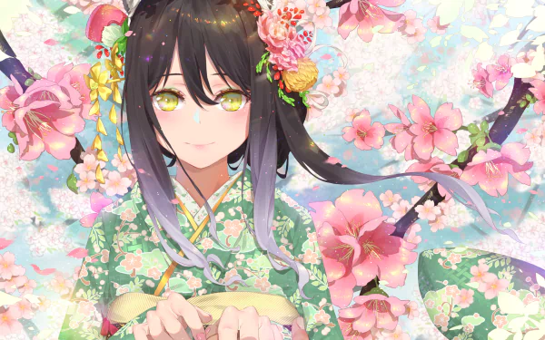 HD anime wallpaper featuring Shiori Kashiwazaki from Princess Connect! Re:Dive, surrounded by vibrant pink cherry blossoms in a detailed, colorful background.