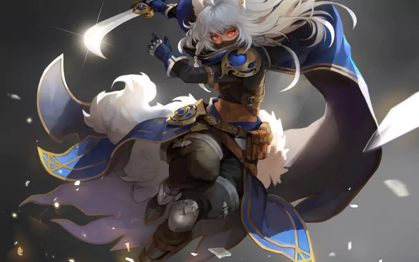 Anime warrior with white hair and glowing red eyes, dressed in intricate blue and gold armor, poised for battle in a dynamic 4K Ultra HD PC desktop wallpaper.