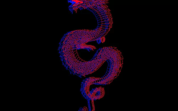 Glitch-style red and blue neon snake coils against deep black — dark, black aesthetic, artistic HD PC desktop wallpaper background.