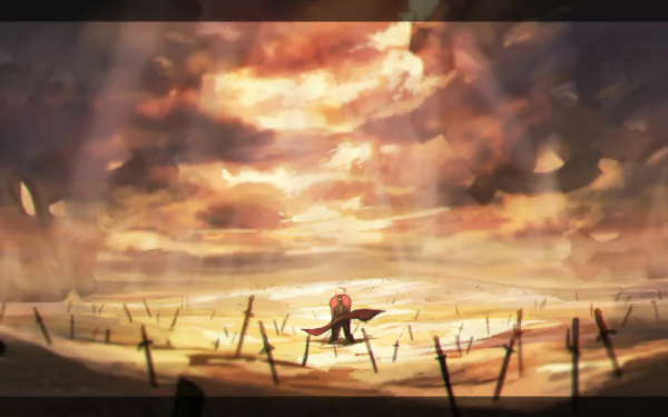 HD PC desktop wallpaper from the anime Fate/Stay Night: Unlimited Blade Works, depicting a lone figure amid a vast field of scattered swords under a dramatic sky.