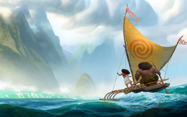 5K Ultra HD PC desktop wallpaper of Moana Waialiki and Maui (Moana) sailing a small outrigger with a spiral sail across blue sea toward misty islands (movie Moana).