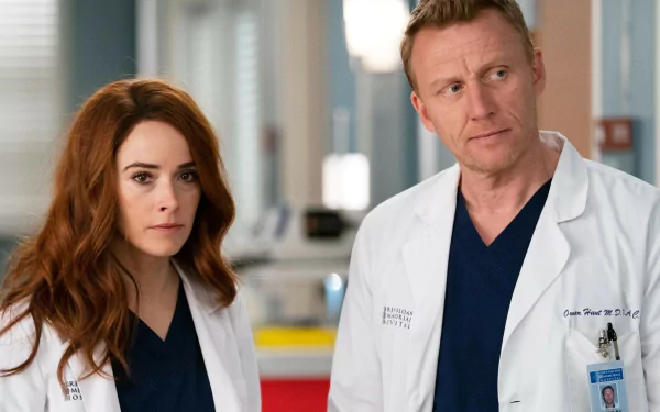 HD desktop wallpaper and background featuring two characters from Grey's Anatomy in white lab coats, portraying medical professionals.