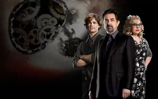 HD desktop wallpaper featuring three Criminal Minds characters with a background of clockwork gears.