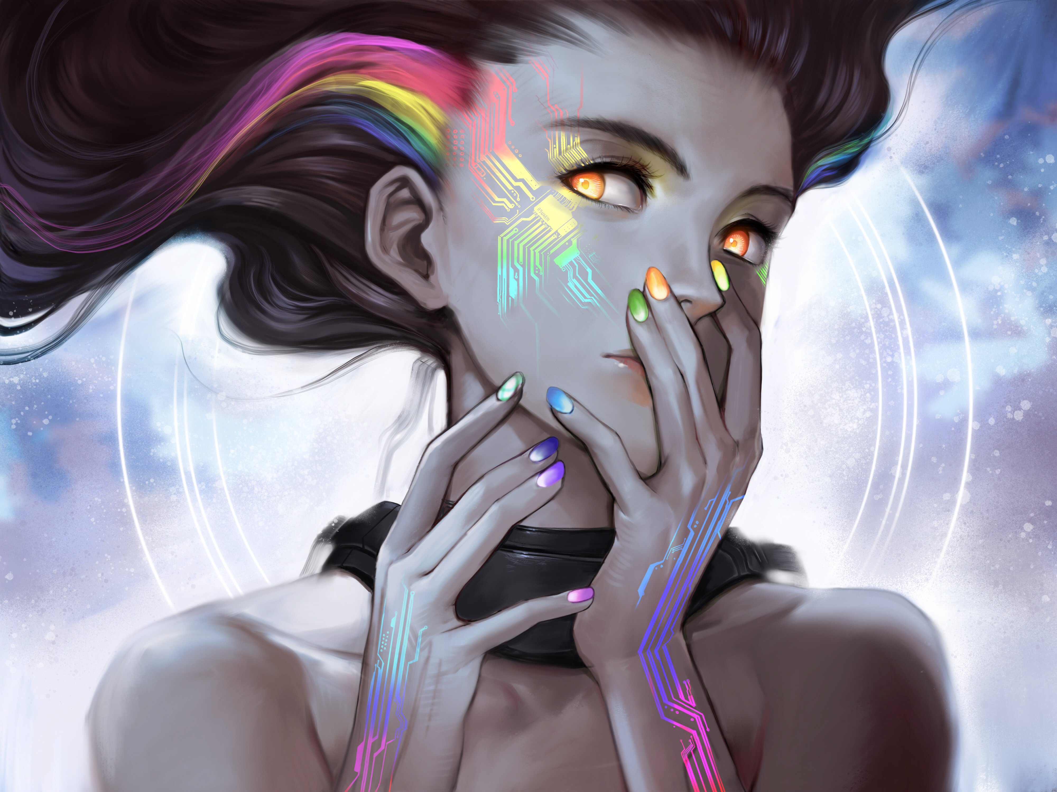 Female cyborg with rainbow circuits by asuka111