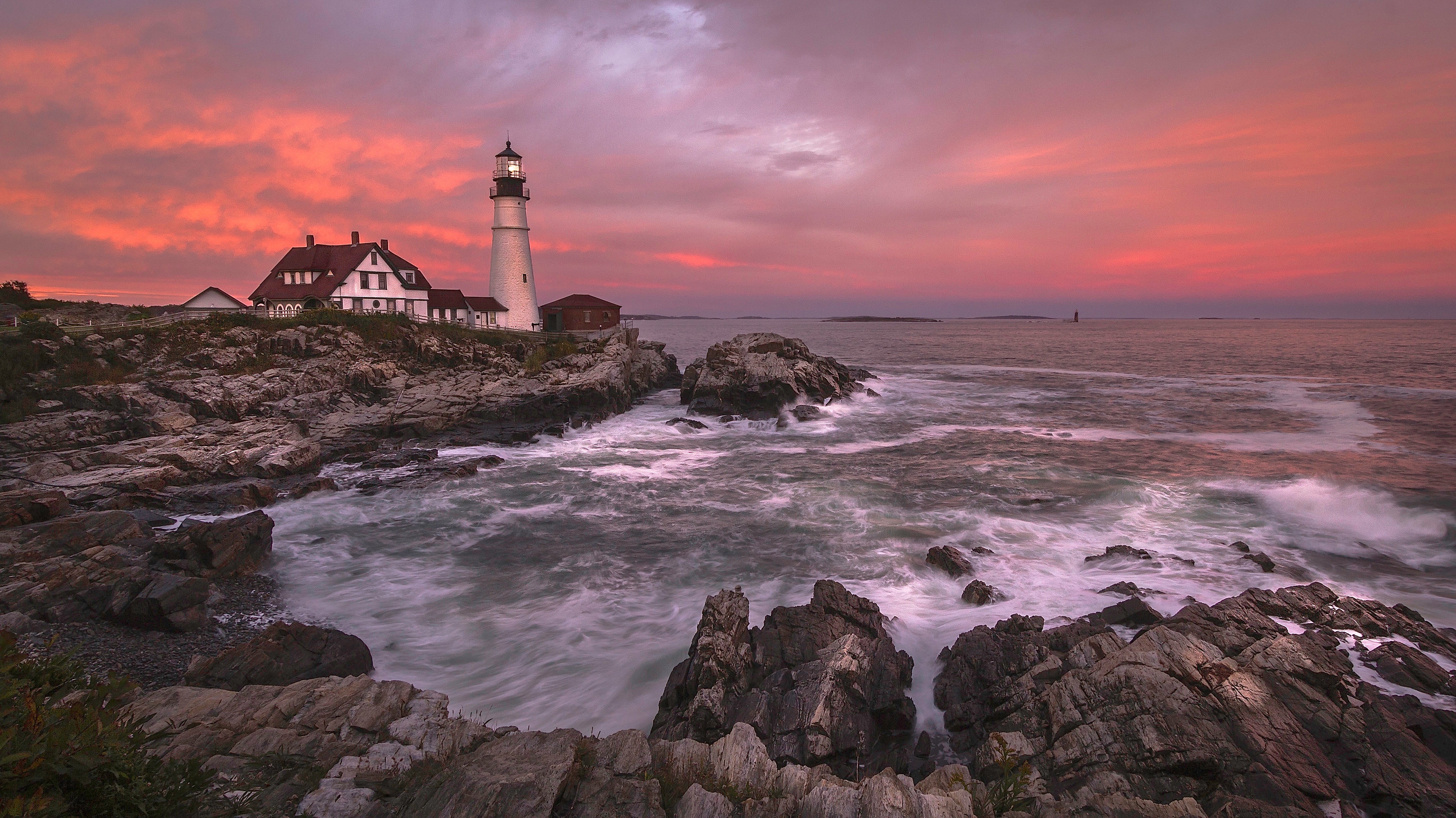 Download Sunset Coast Man Made Lighthouse 4k Ultra HD Wallpaper