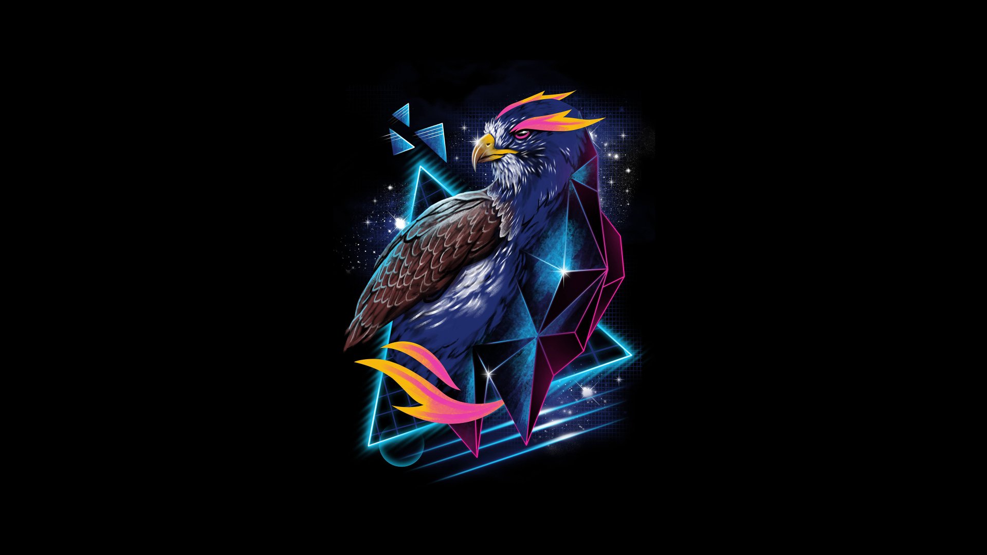 Artistic retro 4K Ultra HD PC desktop wallpaper: neon synthwave eagle with vibrant plumage perched on glowing geometric crystals against a starry black background.