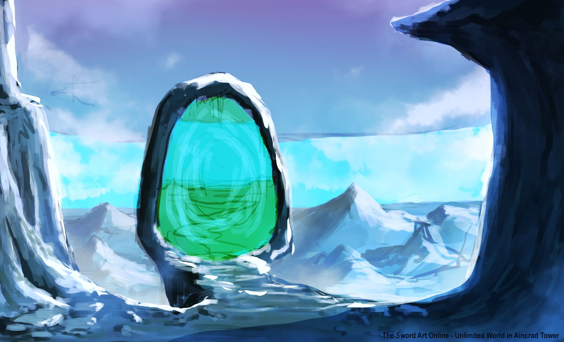 5K Ultra HD PC desktop wallpaper: a fantasy landscape of icy mountains and a purple-blue sky with a glowing green oval portal set in a stone arch on a snowbound plain.