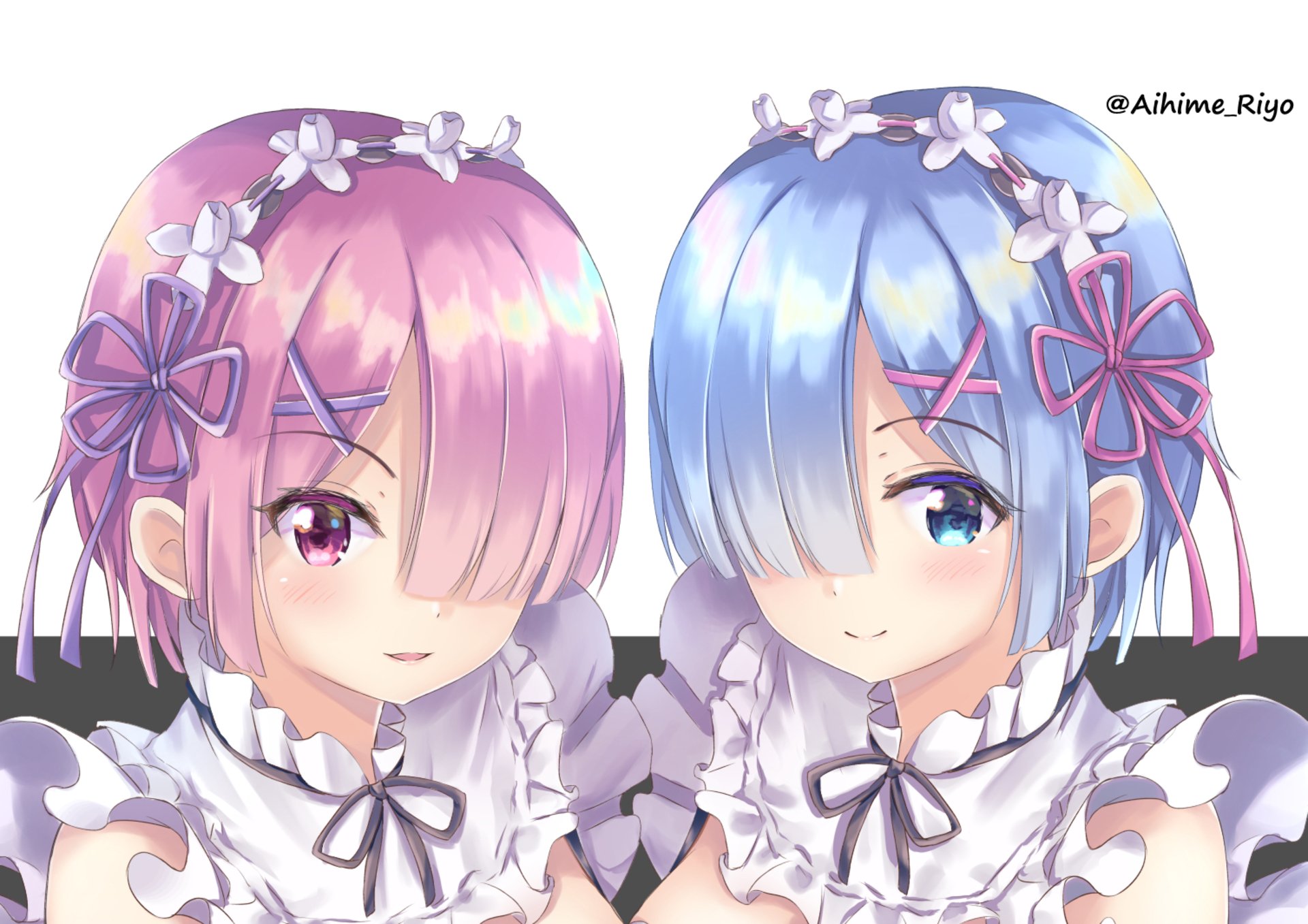 HD anime desktop wallpaper featuring Ram with pink hair and eyes, and Rem with blue hair and eyes from Re:Zero - Starting Life in Another World.